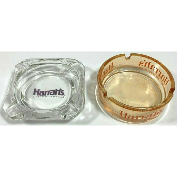 Harrahs Ashtray Hotel and Casino Souvenir Set Reno Lake Tahoe Orange Clear Glass - Picture 9 of 10
